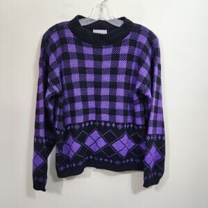 Vintage Adele knitware‎ purple & black check & argyle sweater woman's size M / L